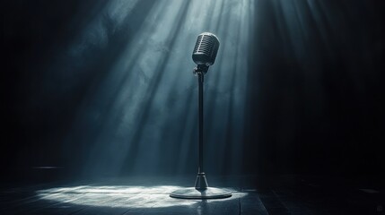 Aufkleber - A vintage microphone stands alone in a spotlight, symbolizing performance and expression.