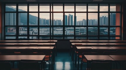 Aufkleber - A classroom with empty desks, overlooking a city skyline through large windows at dusk.