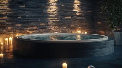 Poster - A serene spa environment featuring a hot tub surrounded by candles and stone walls.