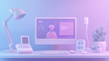 Poster - A stylized workspace featuring a computer, headset, lamp, and plants in a modern design.