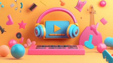 Poster - Colorful 3D music-themed composition with headphones, instruments, and playful shapes.