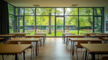 Aufkleber - A bright classroom with tables facing large windows overlooking a green outdoor area.