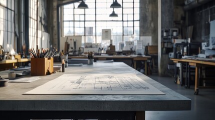Poster - A spacious design studio with drafting tables and tools for creative work.