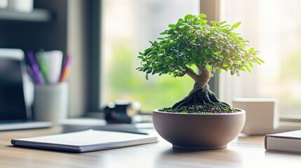Poster - A small bonsai tree in a pot on a desk, surrounded by office supplies and natural light.