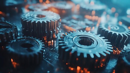 Poster - A Heap of Digital Gears with a Futuristic Glow Symbolizing Technology and Innovation Set Against a Dark Background