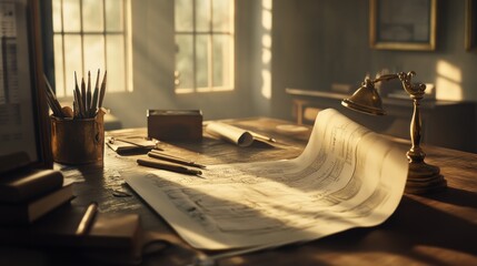 Aufkleber - A vintage workspace with blueprints, pens, and warm sunlight filtering through windows.