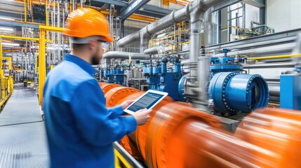 Fototapete - A worker in an industrial setting monitors machinery using a tablet.