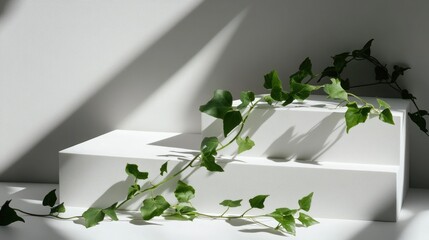 Aufkleber - A minimalist composition featuring white geometric shapes and trailing green ivy leaves.