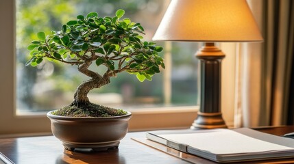 Poster - a serene bonsai tree on a desk beside a lamp, creating a peaceful workspace atmosphere.
