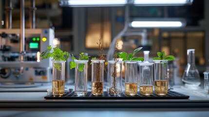 Poster - Laboratory setup with test tubes containing plants and liquids for scientific research.