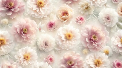  A delicate collection of pastel-colored blossoms, showcasing various flower types in a soft, dreamy arrangement.