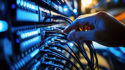 Poster - Professional IT Technician Troubleshooting Networking Issues on Server Rack with Cables and Connections in Modern Data Center Environment