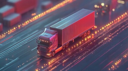 Poster - Conceptual Representation of Smart Logistics System with Truck and Container in a Neon Urban Environment for Enhanced Cargo Transport Efficiency