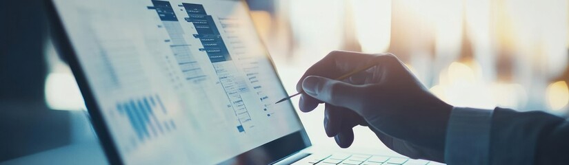 Poster - A close-up of a hand using a stylus on a laptop screen displaying data graphs.