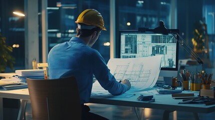 Fototapete - Male Civil Engineer Analyzing Blueprints at a Modern Office with Nighttime City View, Capturing Precision in Architectural Design and Planning Processes