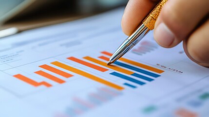 Poster - Close-up of a hand pointing at a bar chart on a financial document.