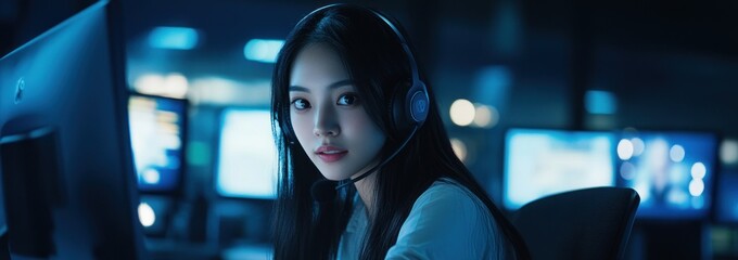 Poster - A young woman with a headset sits at a computer in a dimly lit environment.