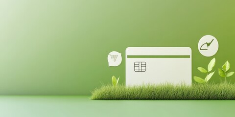 Poster - A minimalist design featuring a card and icons on a green background, symbolizing eco-friendly commerce.