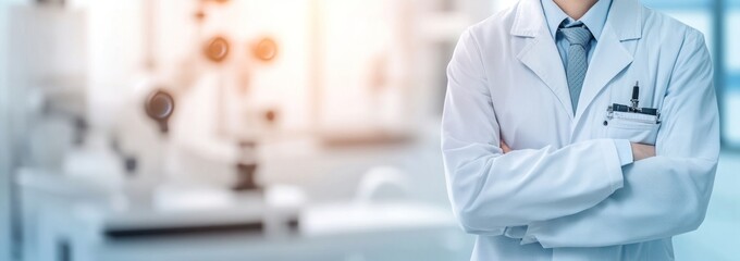 Poster - A person in a lab coat stands in a laboratory setting, suggesting a scientific environment.