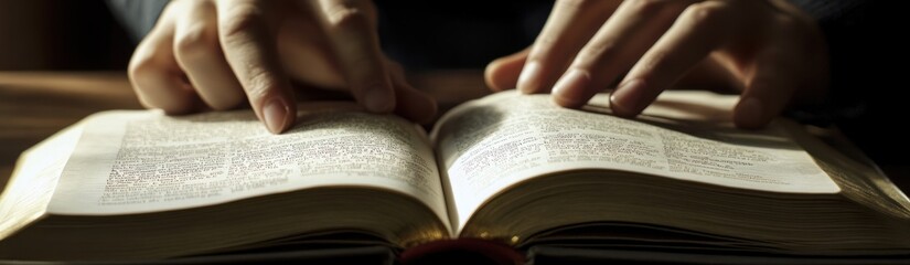 Aufkleber - A person reading an open book with fingers resting on the pages.