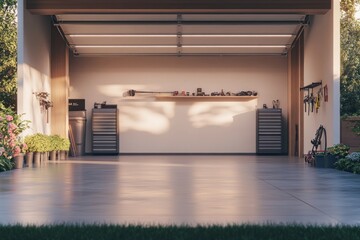 Poster - A spacious, organized garage with tools and plants, ideal for DIY projects.