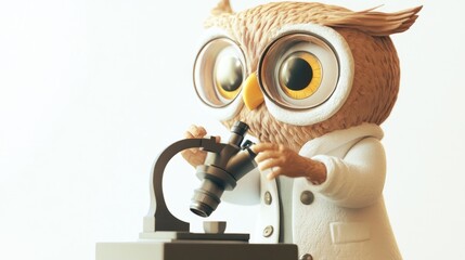 Poster - A cartoon owl in a lab coat examines a sample under a microscope.