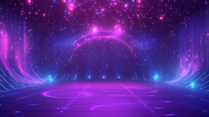 Wall Mural - a glowing purple and blue neon archway, with a futuristic, digital design, surrounded by flashing li