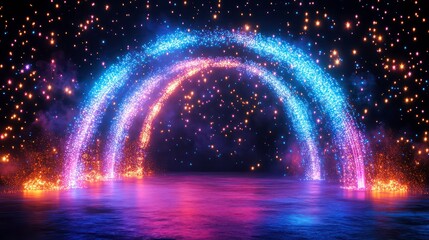 Wall Mural - abstract glowing neon light arches on a dark background with particles.