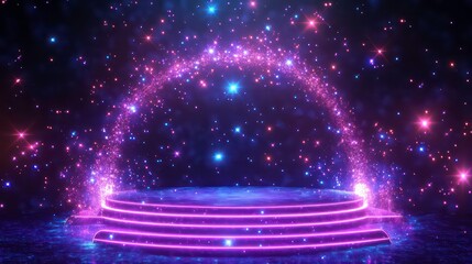 Wall Mural - stage element with sound waves, plexus lines, stars, and arch sparkles. 3d magic neon glow hud platf