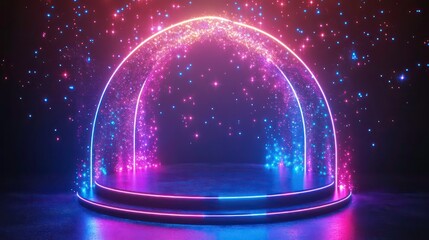 Wall Mural - stage element with sound waves, plexus lines, stars, and arch sparkles. 3d magic neon glow hud platf
