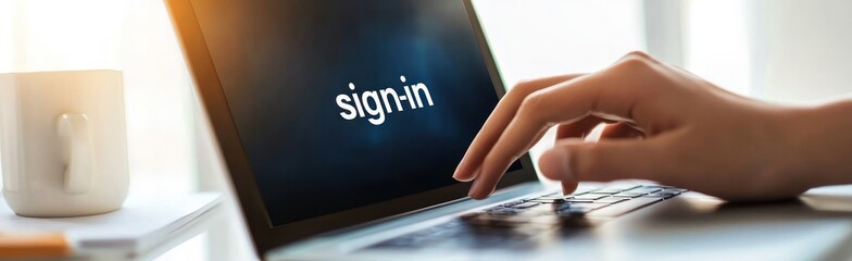 Aufkleber - A hand poised to sign in on a laptop with a coffee cup nearby, emphasizing digital access.