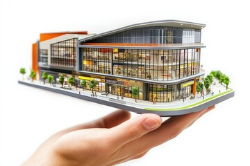 Poster - A hand holds a detailed architectural model of a modern commercial building.