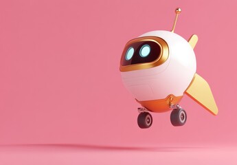 Poster - A cute, futuristic robot with wheels and wings, floating against a pink background.