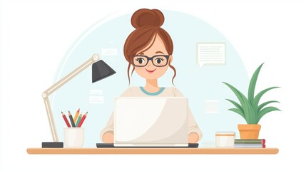 Poster - A woman working on a laptop, surrounded by office supplies and a plant, representing modern work culture and productivity.