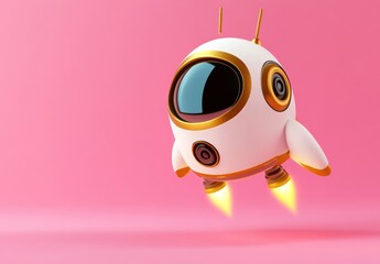 Poster - A cute, futuristic robot with jet propulsion, floating against a pink background.