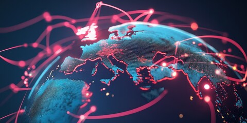 Aufkleber - A digital representation of the Earth with network connections and data flow visualization.