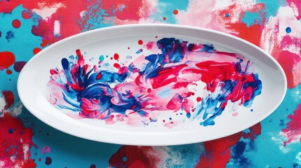Poster - A colorful abstract design on a white platter against a vibrant background.