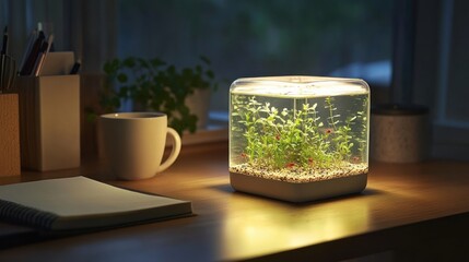 Poster - a serene desk scene featuring a lit aquarium with plants, a notebook, and a mug.