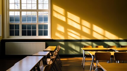 Aufkleber - A sunlit classroom with wooden desks casting shadows on a yellow wall.