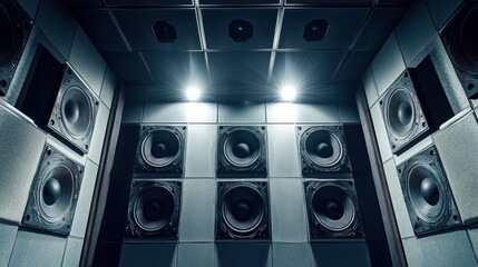 Aufkleber - A modern sound studio featuring multiple speakers and overhead lighting for audio production.