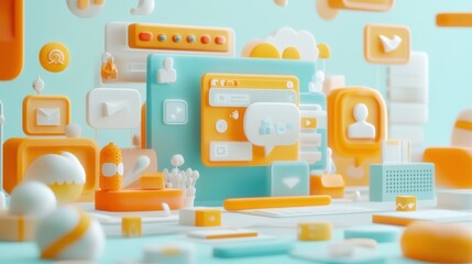 Poster - A vibrant digital landscape of colorful icons representing communication and technology.