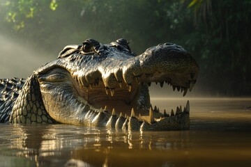 Aufkleber - A close-up of a crocodile's head emerging from water in a lush, misty environment.