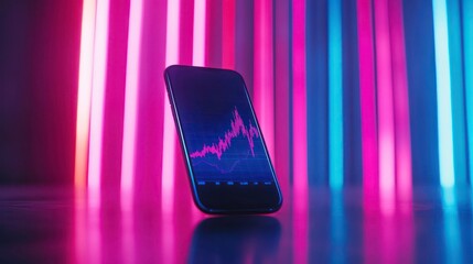 Poster - Smartphone displaying stock market graph with neon lights in the background.