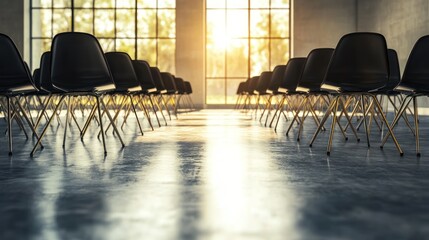 Aufkleber - A row of black chairs in a well-lit modern space, suggesting a gathering or event.