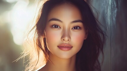 Wall Mural - captivating portrait of a beautiful asian woman with luminous skin and natural expression, perfect f