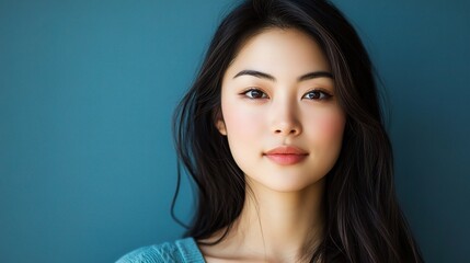Wall Mural - captivating portrait of a beautiful asian woman with elegant features and luminous skin against a so