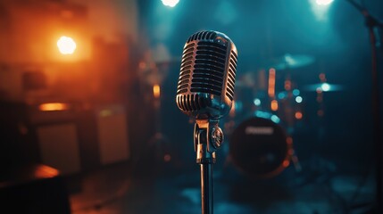 Aufkleber - A vintage microphone stands in focus, with a blurred drum set and lights in the background.