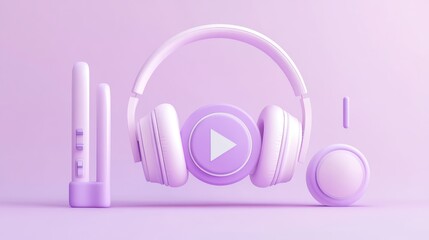 Poster - A pastel-themed arrangement of headphones and audio controls.