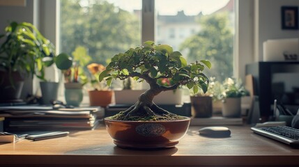 Poster - a serene indoor scene featuring a bonsai tree on a desk surrounded by plants and natural light.