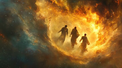 Wall Mural - three figures walk through a swirling nebula, their robes billowing in the cosmic winds.